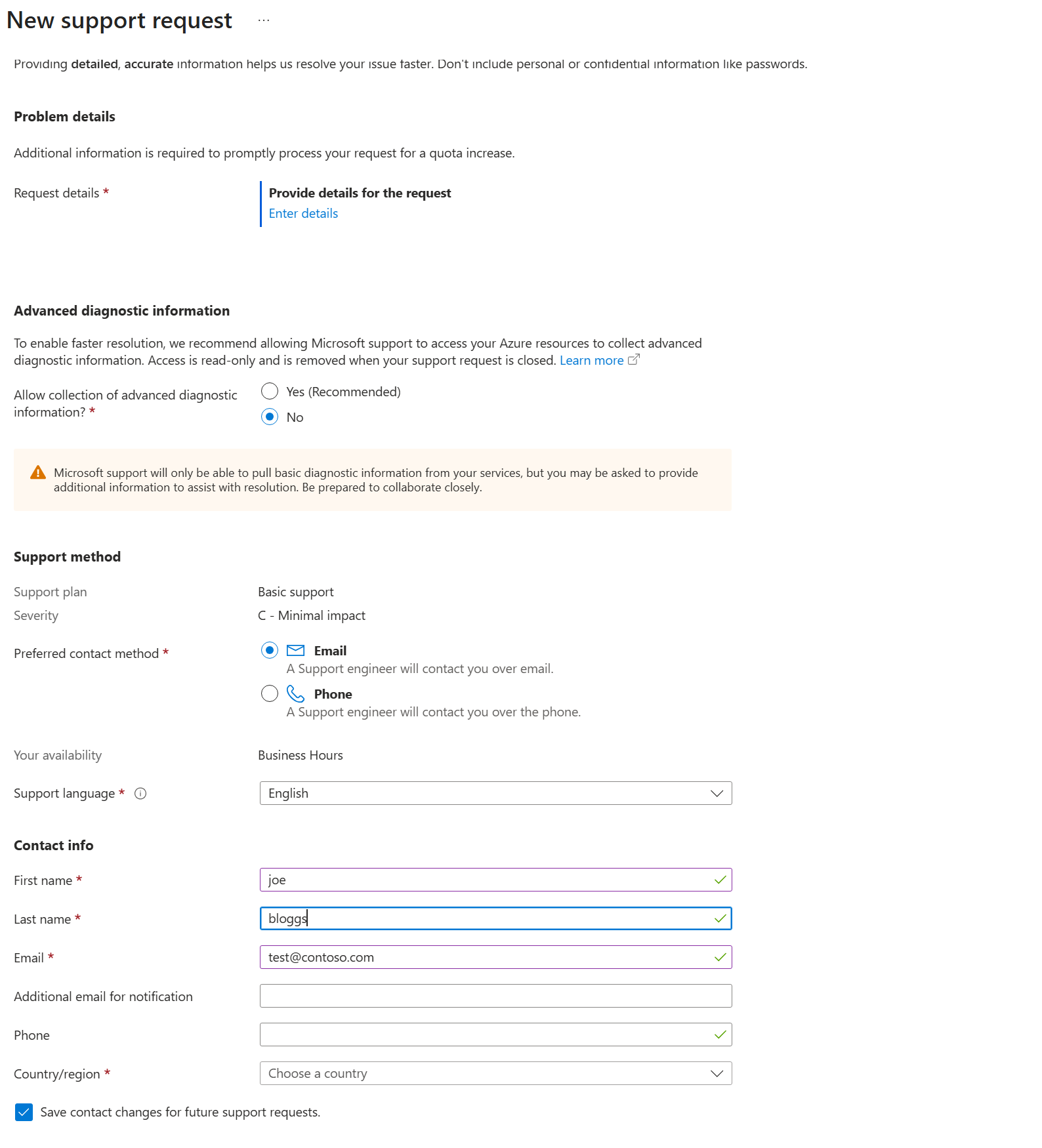 Azure New support request, step 3 Additional details, showing Enter details, advanced diagnostic information set to No, support method and contact info fields