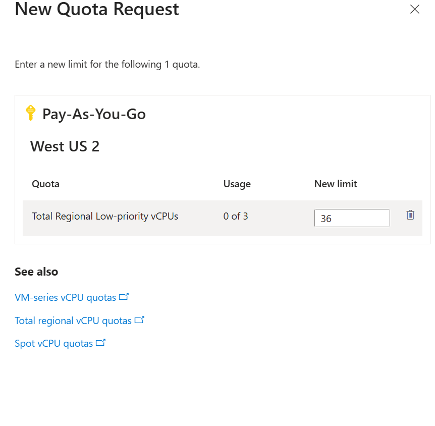 Azure New Quota Request flyout offering to raise Total Regional Low-priority vCPUs, showing usage 0 of 3
