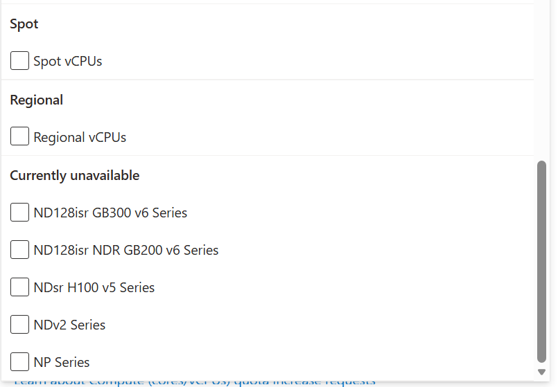 Azure Quotas dropdown open, showing Spot vCPUs under a Spot heading and Regional vCPUs under a Regional heading directly below