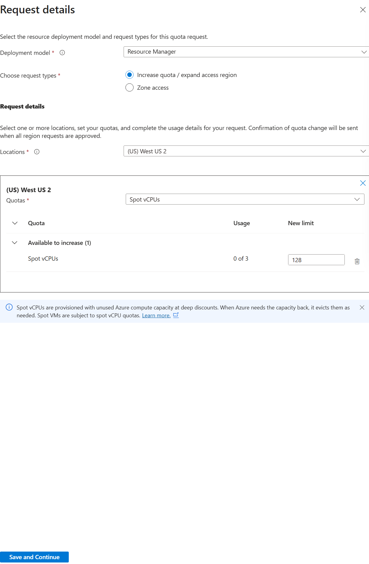 Azure Request details panel with deployment model Resource Manager, request type Increase quota / expand access region, a location selected, Spot vCPUs quota and a new limit of 128