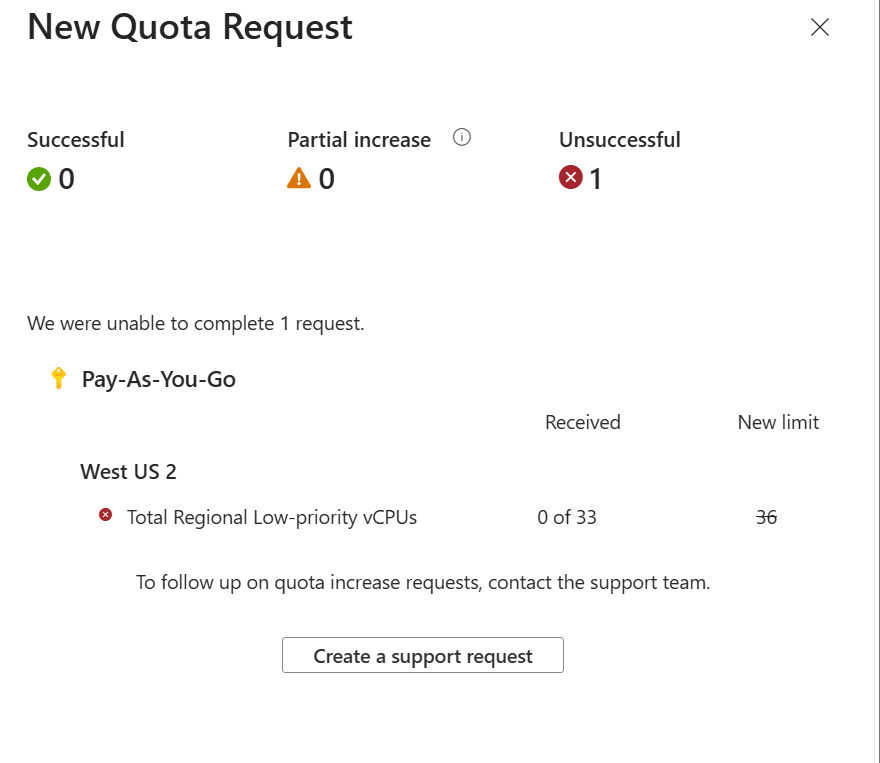 Azure quota request result showing 1 Unsuccessful, with a Create a support request button