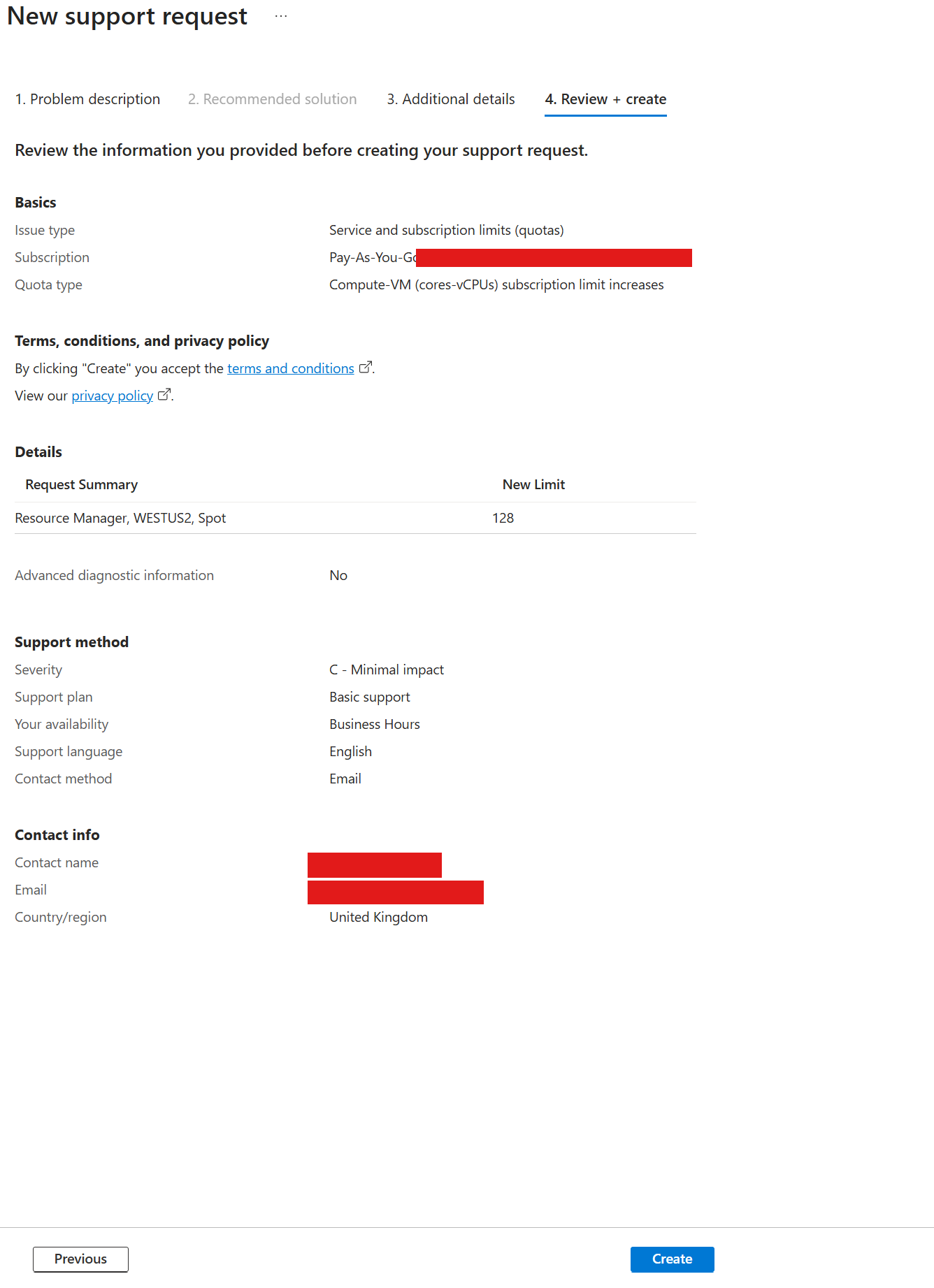 Azure New support request, step 4 Review and create, summarising Resource Manager, region and Spot with a new limit of 128