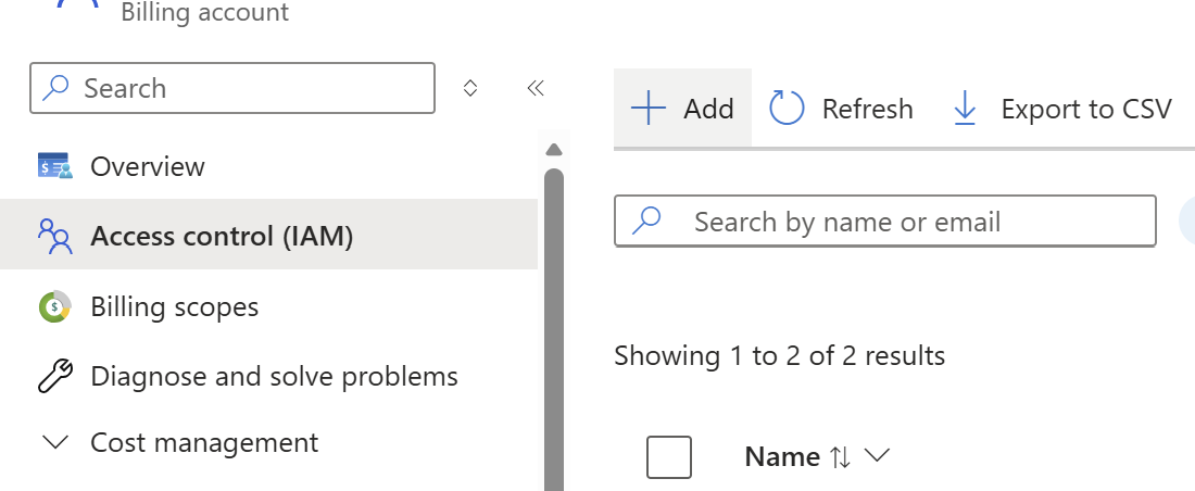 Access control IAM page with Add button