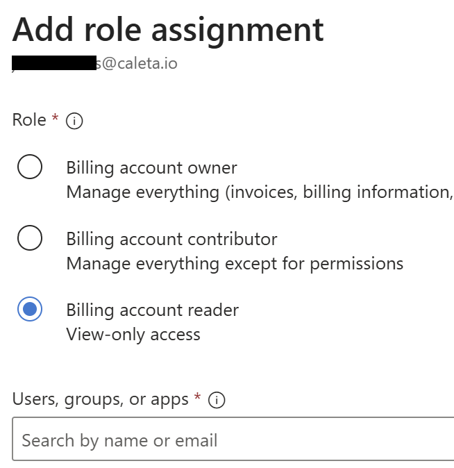Add role assignment dialog showing Billing account reader option