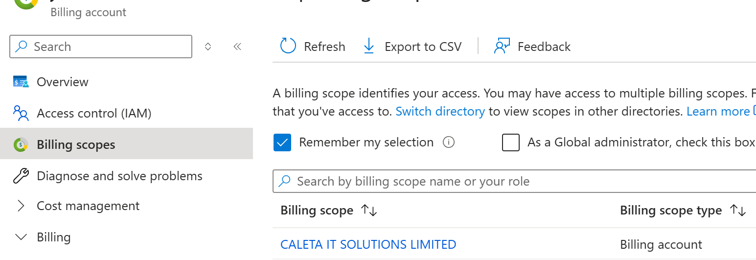 Azure Billing scopes page showing billing account and role