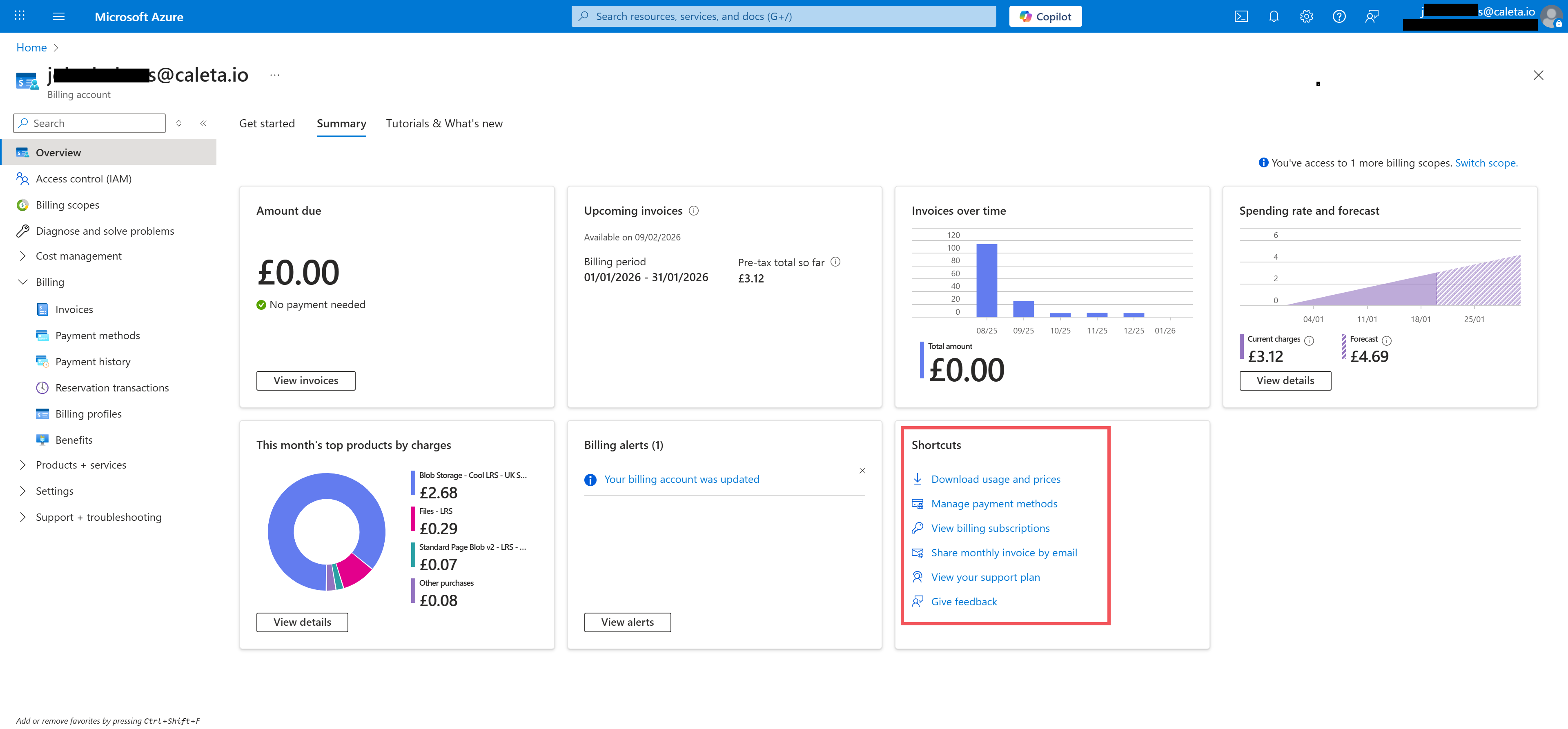Azure Overview page showing the Shortcuts box location