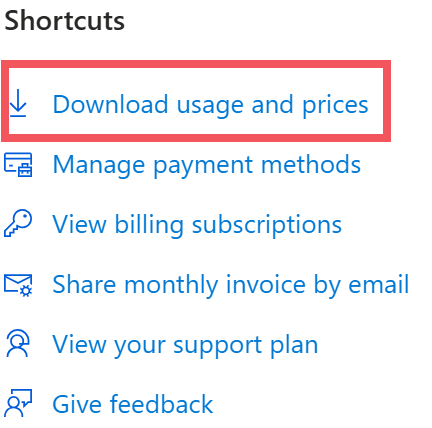 Close-up of the Shortcuts box with Download usage and prices highlighted