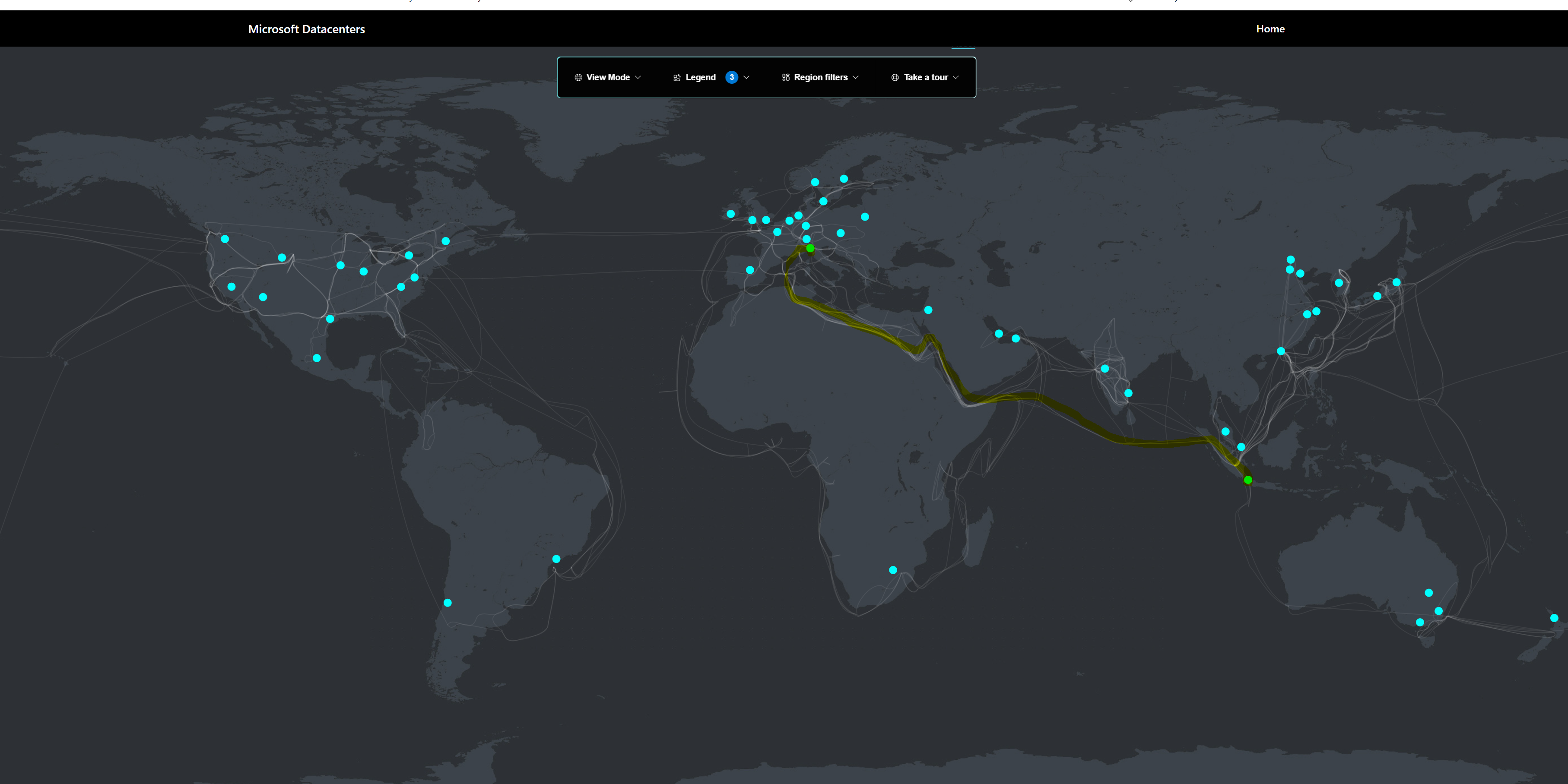 Microsoft Azure global datacenter map showing the backbone fibre routes between Italy North and Indonesia Central, approximately 11,000 km via the Mediterranean and Indian Ocean