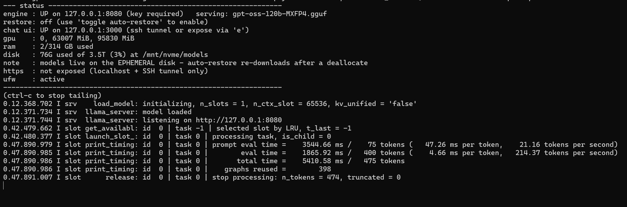 Server log tail shown from the llm menu