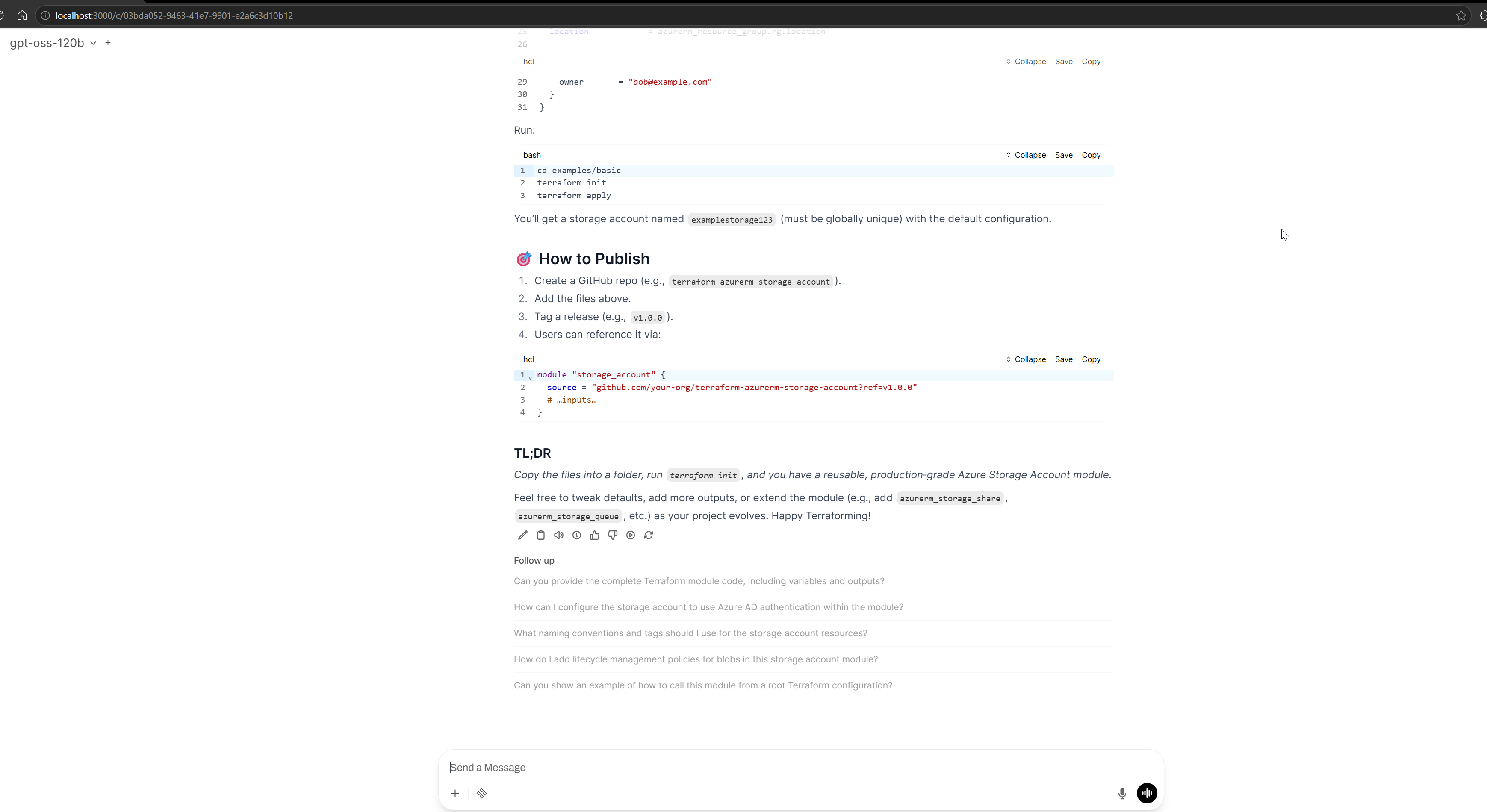 Open WebUI showing a generated Terraform answer