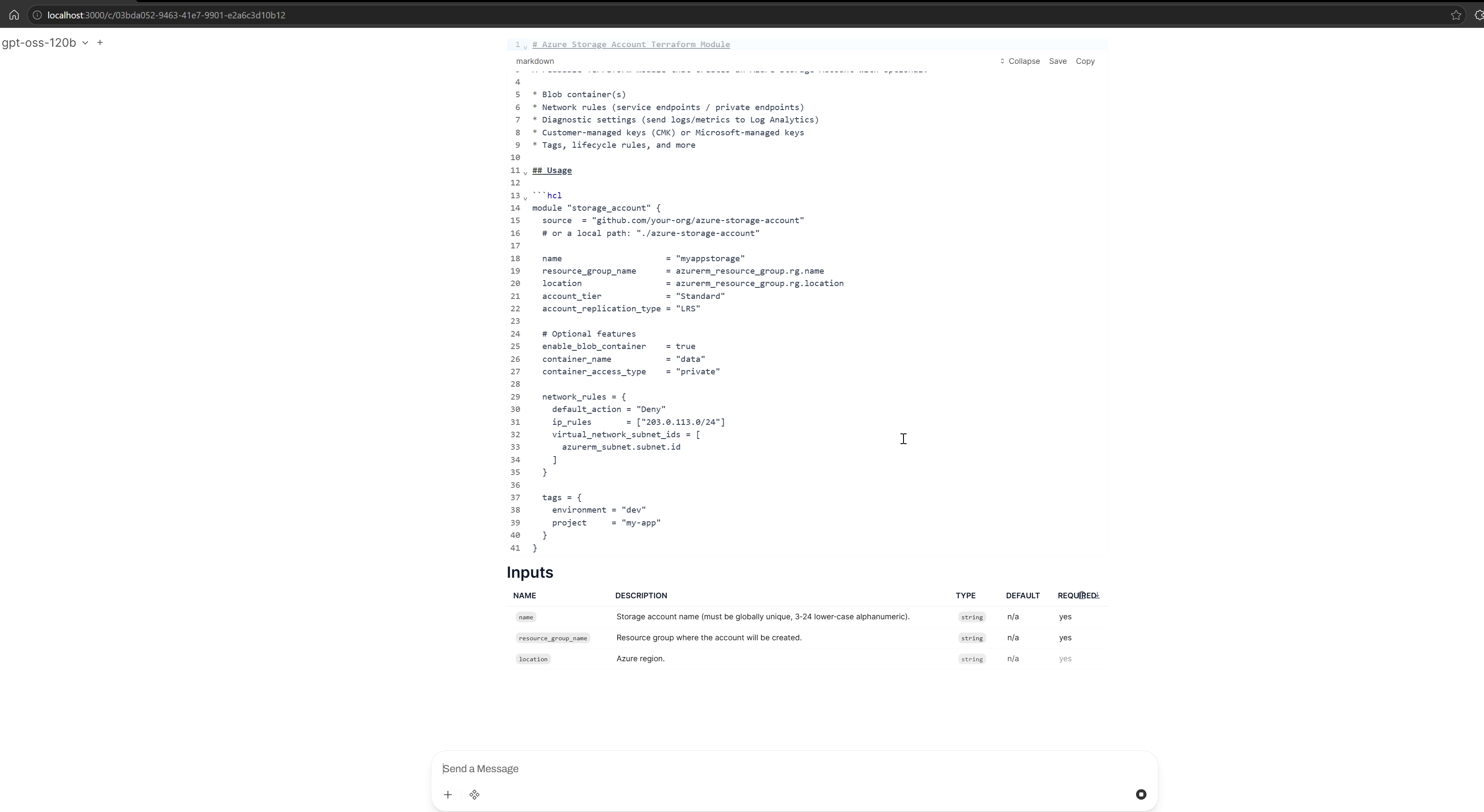 Open WebUI showing Terraform module code and an inputs table