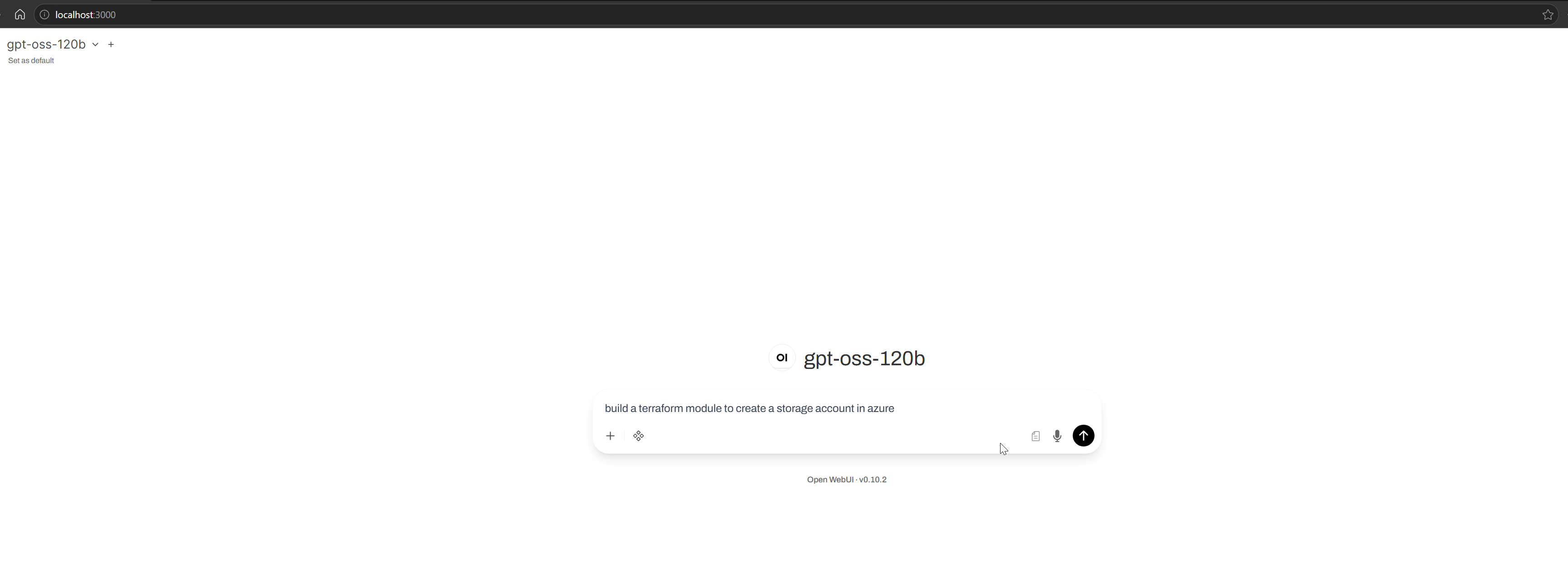 Open WebUI start screen with a prompt entered